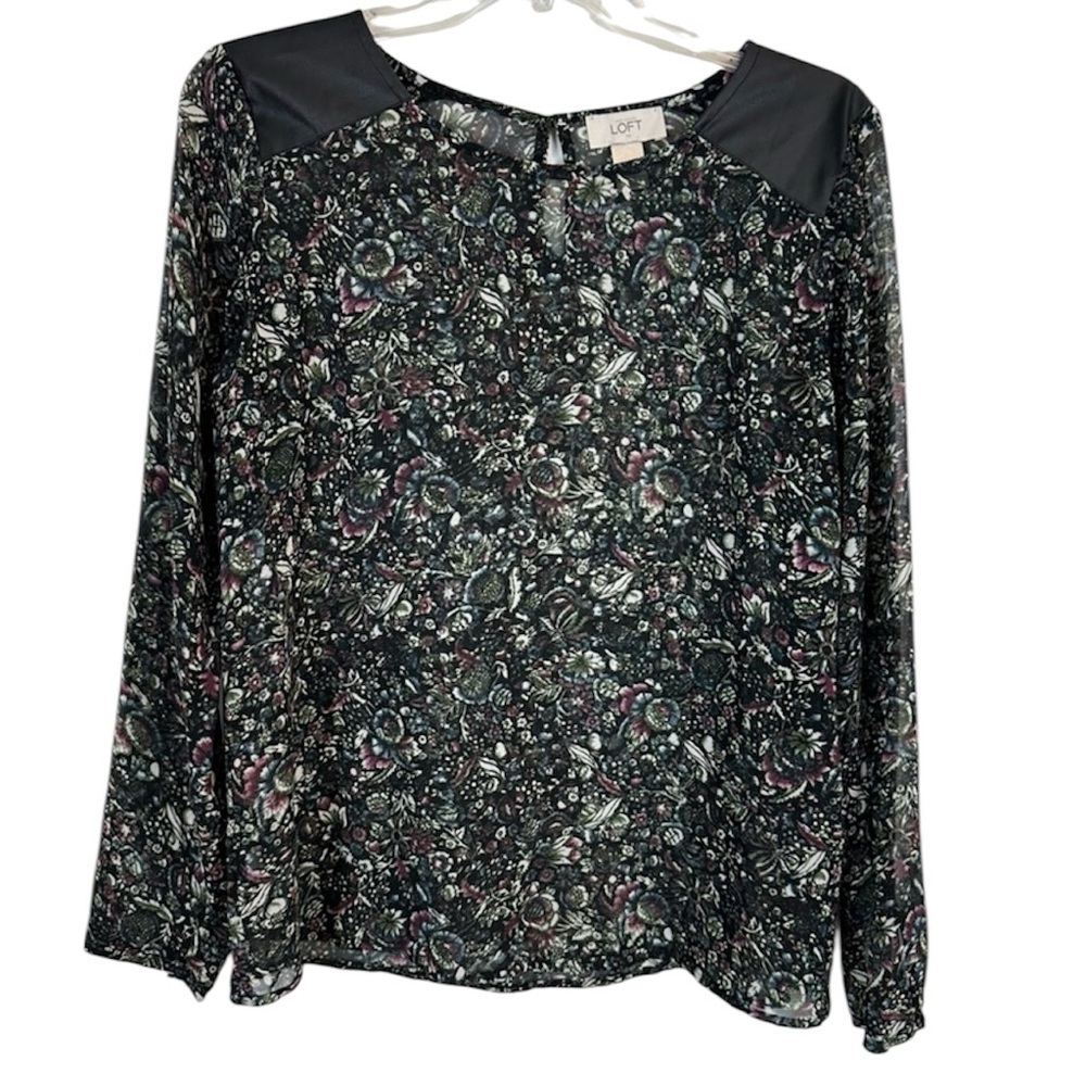 LOFT Dark Floral Sheer Faux Leather Shoulder Blouse S